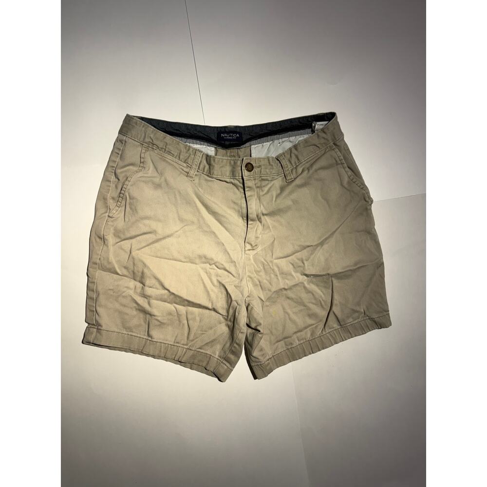 Nautica Classic Fit Mens 34 Khaki Tan Chino Shorts Stretch Cotton Casual